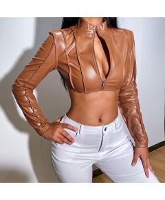 AUTUMN AND WINTER LONG SLEEVE ZIPPER LEATHER HOLLOW OUT SHORT COAT FOR WOMEN