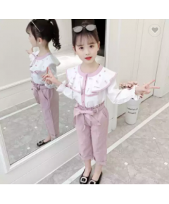 4-12 YEARS LACE FLORAL BLOUSE AND PANTS 2PCS GIRLS SPRING CLOTHING