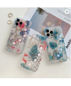 FOR IPHONE 13 14 PHONE CASE WITH FLOWER WRIST STRAP TRANSPARENT ELECTROPLATED PHONE CASE