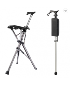 PORTABLE 2 IN 1 STAINLESS LIGHTWEIGHT FOLDING WALKING STICK WITH SEAT TRIPOD STOOL