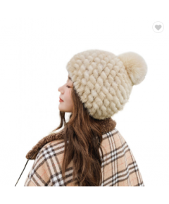 LUXURY WINTER WARM REAL MINK KNITTED BEANIE HATS WITH FOX FUR POMPOM