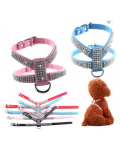 QUICK RELEASE BLING RHINESTONE NECKLACE PET ACCESSORIES SET LEATHER ADJUSTABLE DOG HARNESS