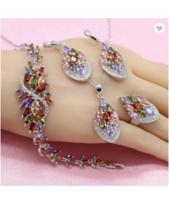 EXQUISITE MULTICOLOR CUBIC ZIRCONIA SILVER COLOR JEWELRY SETS FOR WOMEN