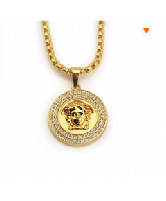 18K GOLD PLATED HIPHOP JEWELRY STAINLESS STEEL CRYSTAL MEDUSA PENDANT NECKLACE