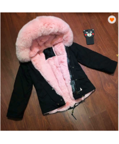 DURABLE COSIE KIDS FUR COAT GIRL BLACK SHELL SHORT JACKET WITH PINK SOFT FAUX FUR LINING COLLAR