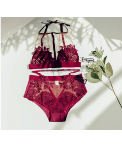 LADIES WINE RED LACE TRANSPARENT THREE-DIMENSIONAL EMBROIDERY LINGERIE SET