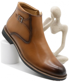 BROWN CASUAL SMOOTH LEATHER ZIPPER BUTTON ANKLE MEN BOOTS WITH WINGTIP FOR WORK