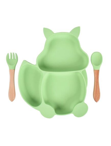 SILICON SUCTION BABY TODDLER SQUIRREL PLATE, SPOON, FORK SET